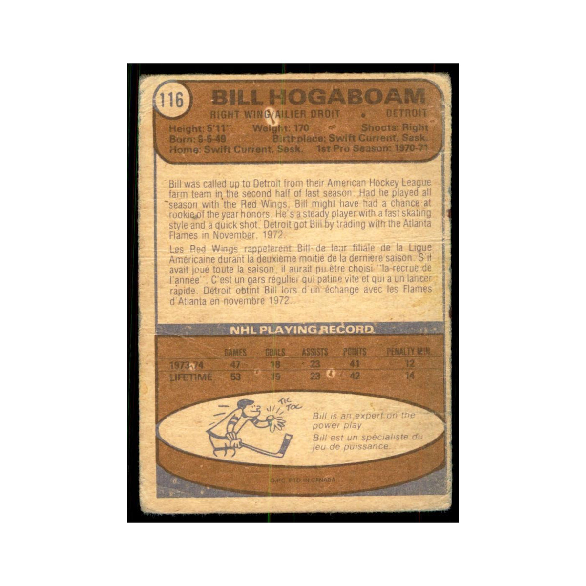 1974 O-Pee-Chee Bill Hogaboam RC (Damaged) Detroit Red Wings #116