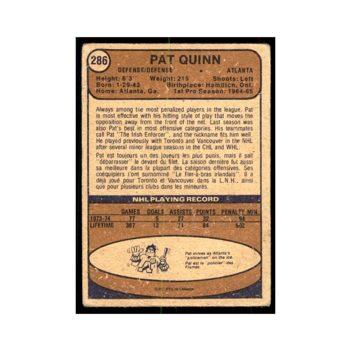 1974 O-Pee-Chee Pat Quinn (Damaged) Atlanta Flames #286