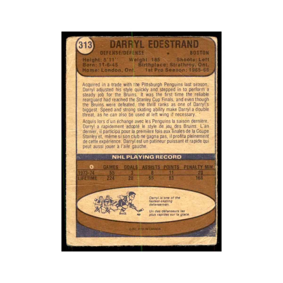 1974 O-Pee-Chee Darryl Edestrand (Damaged) Boston Bruins #313