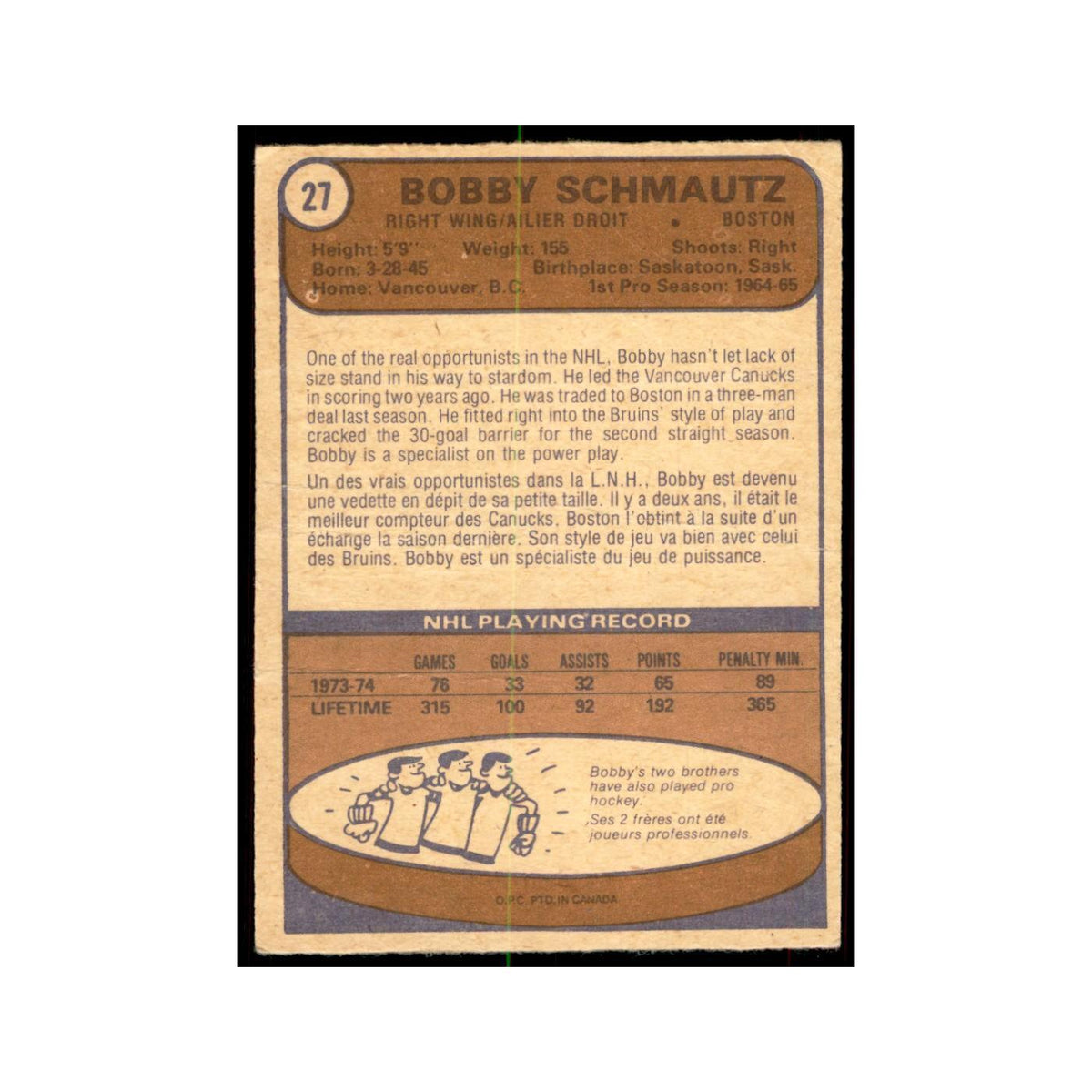 1974 O-Pee-Chee Bobby Schmautz (Damaged) Boston Bruins #27