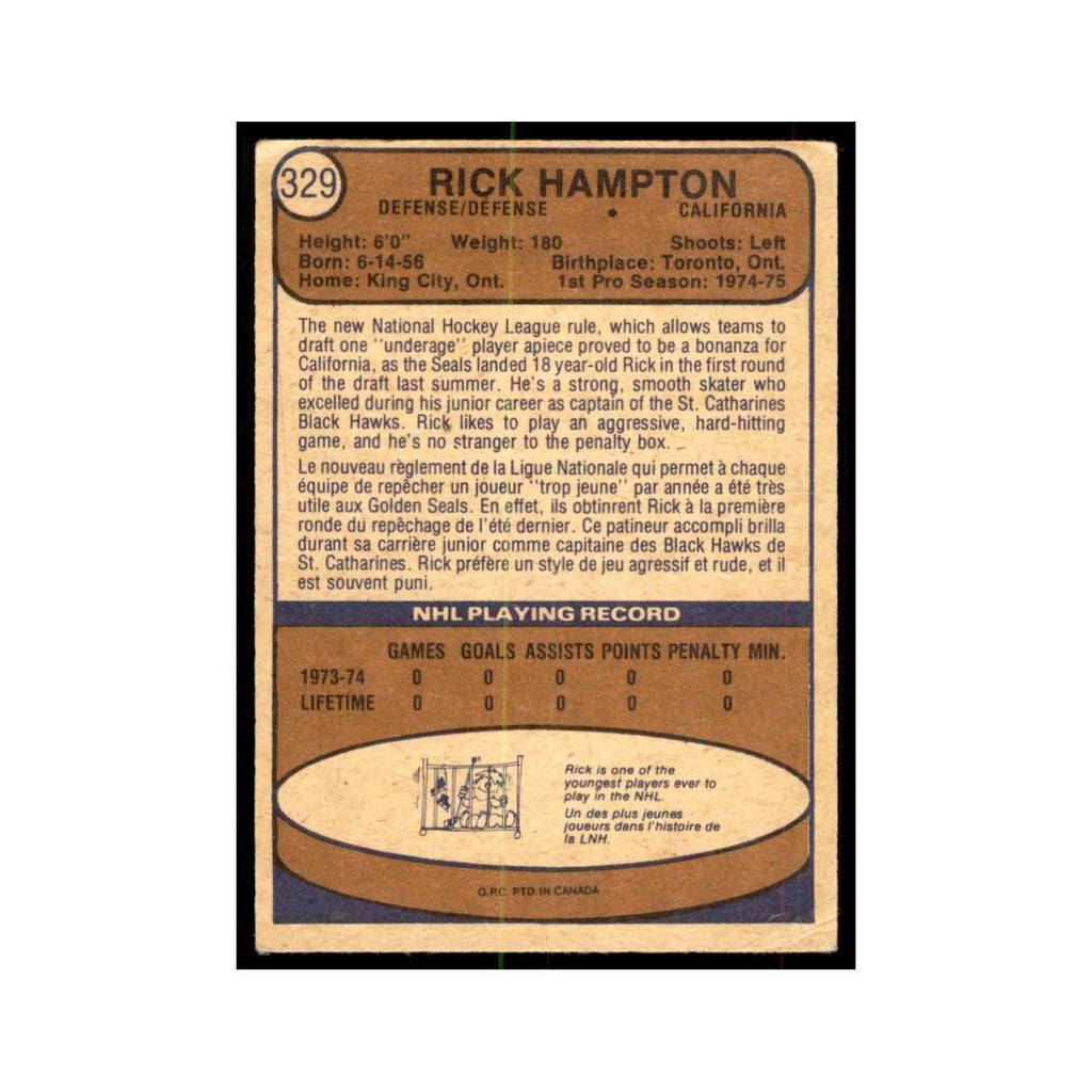 1974 O-Pee-Chee Rick Hampton RC (Damaged) California Golden Seals #329