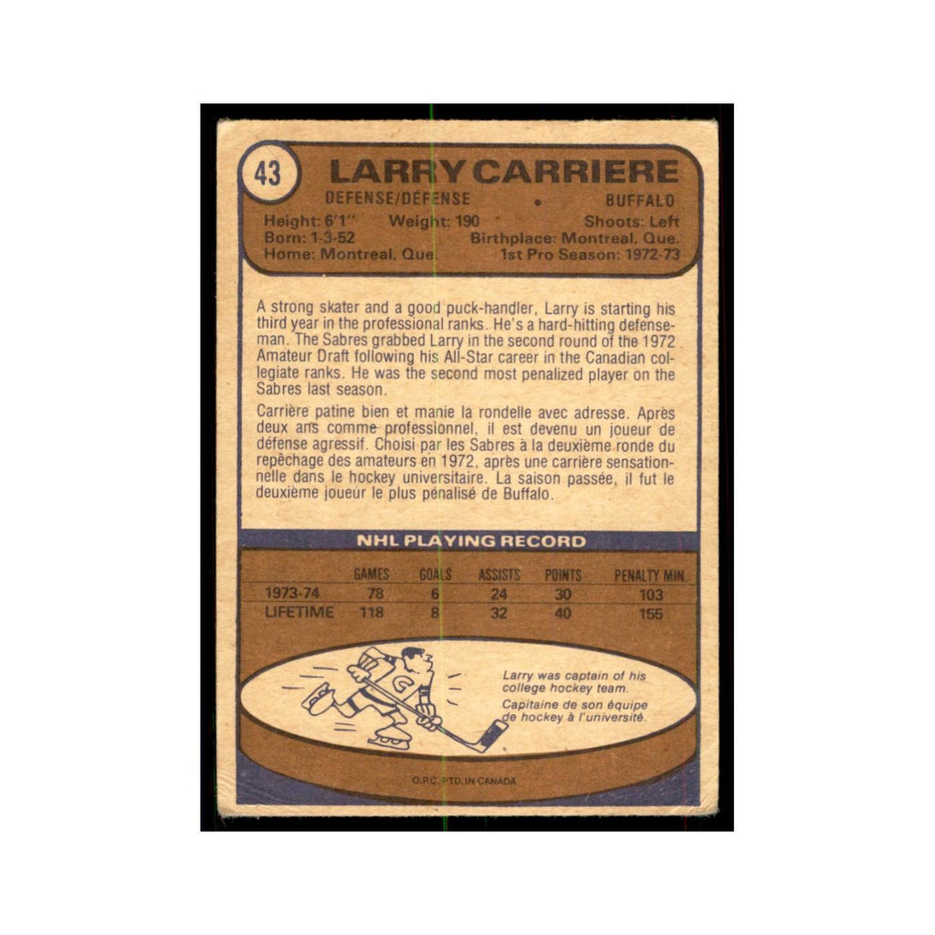 1974 O-Pee-Chee Larry Carriere (Damaged) Buffalo Sabres #43