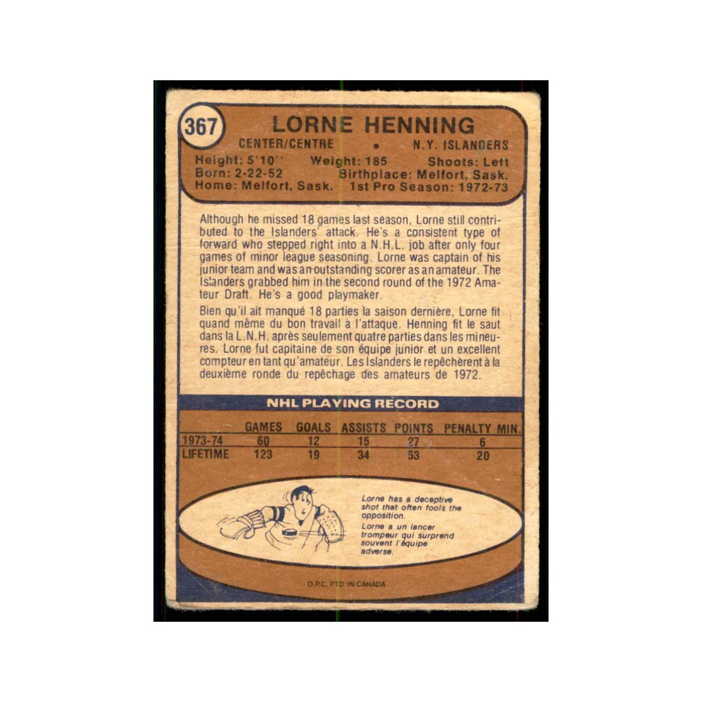 1974 O-Pee-Chee Lorne Henning (Damaged) New York Islanders #367