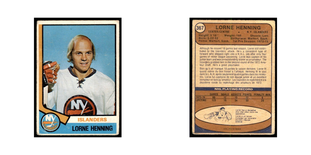 1974 O-Pee-Chee Lorne Henning (Damaged) New York Islanders #367