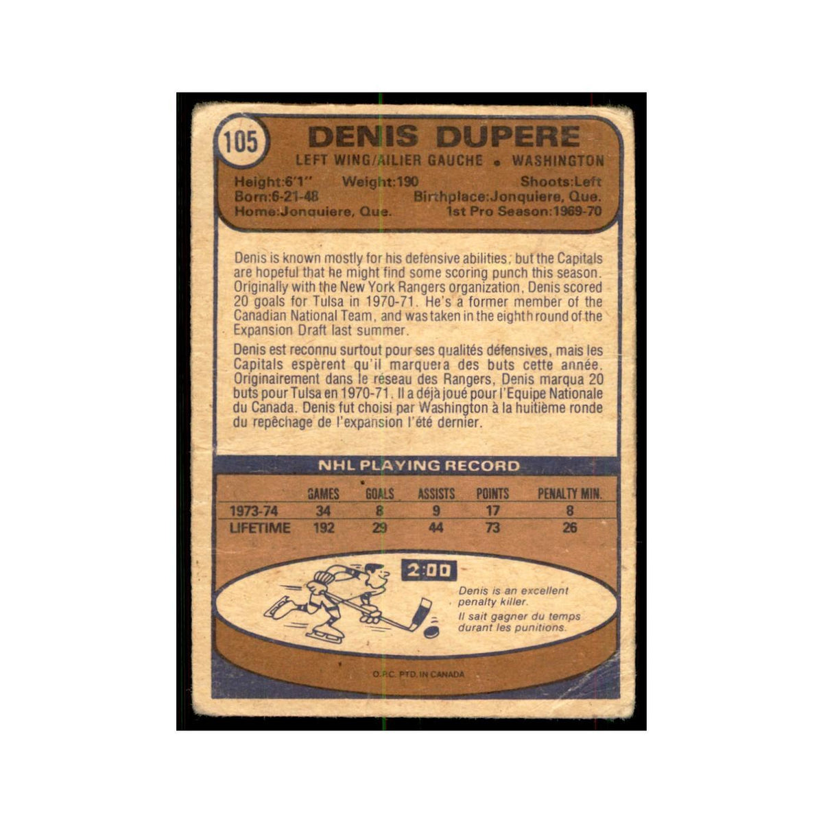 1974 O-Pee-Chee Denis Dupere (Damaged) Washington Capitals #105
