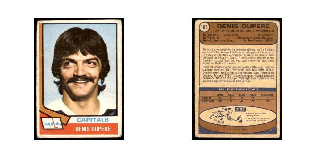1974 O-Pee-Chee Denis Dupere (Damaged) Washington Capitals #105