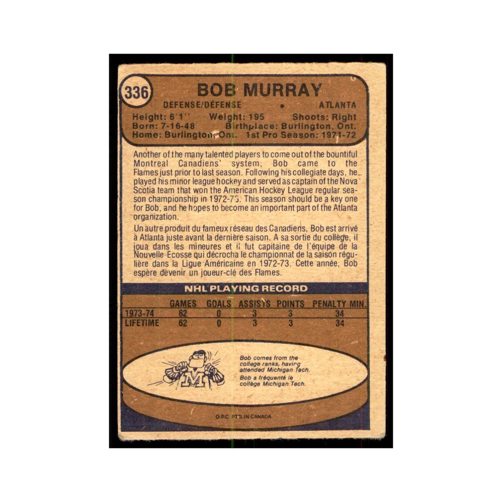 1974 O-Pee-Chee Bob Murray RC (Damaged) Atlanta Flames #336