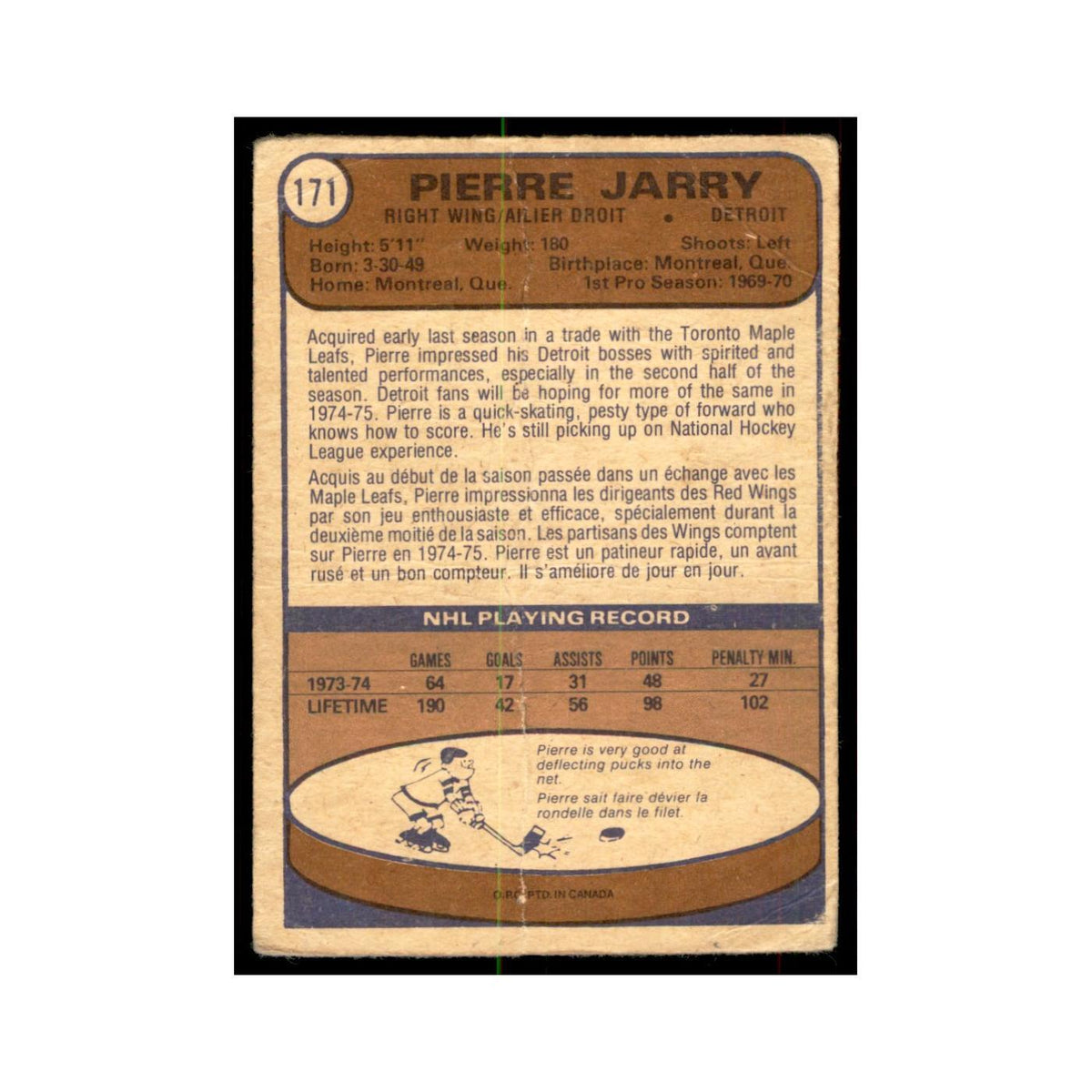 1974 O-Pee-Chee Pierre Jarry (Damaged) Detroit Red Wings #171