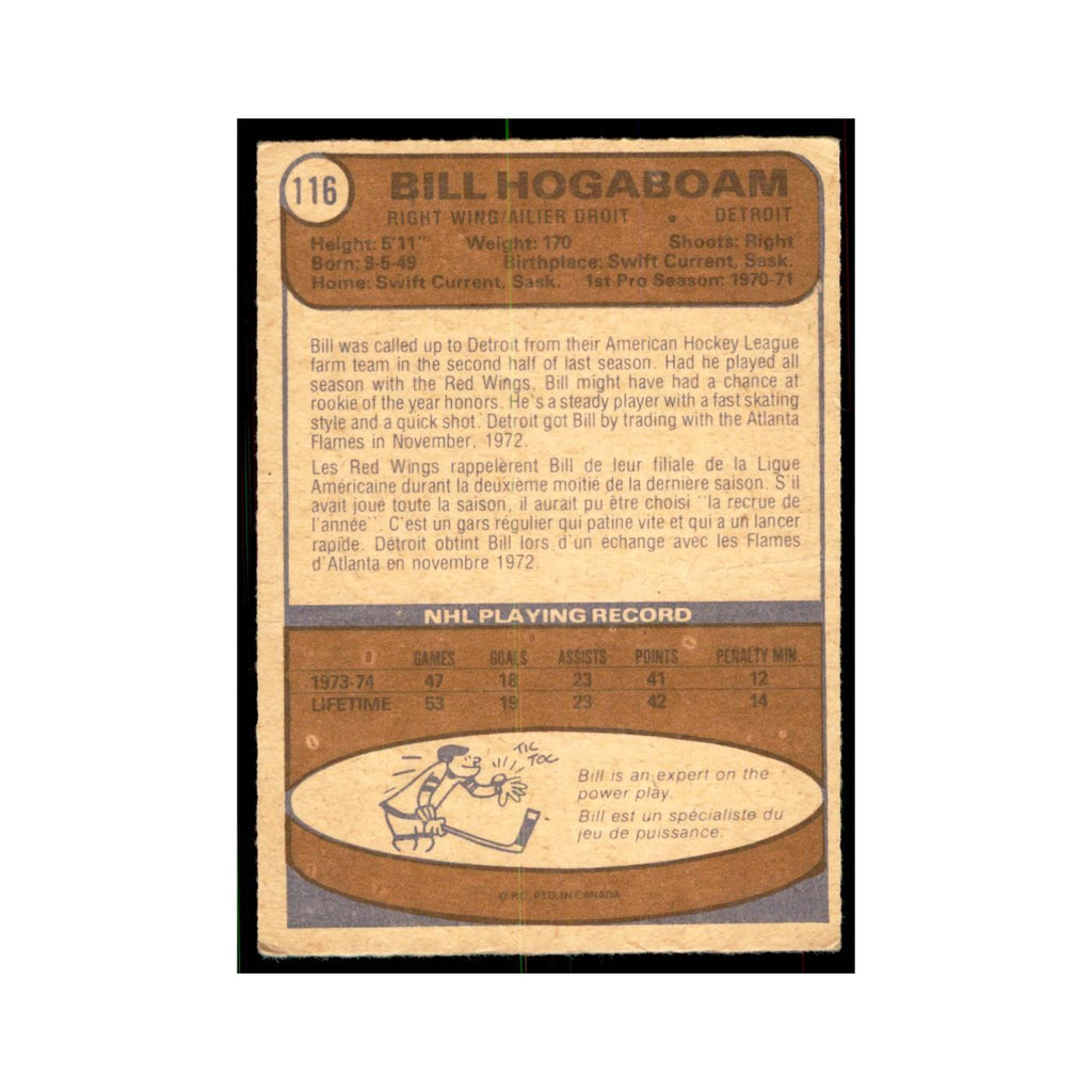 1974 O-Pee-Chee Bill Hogaboam RC (Damaged) Detroit Red Wings #116