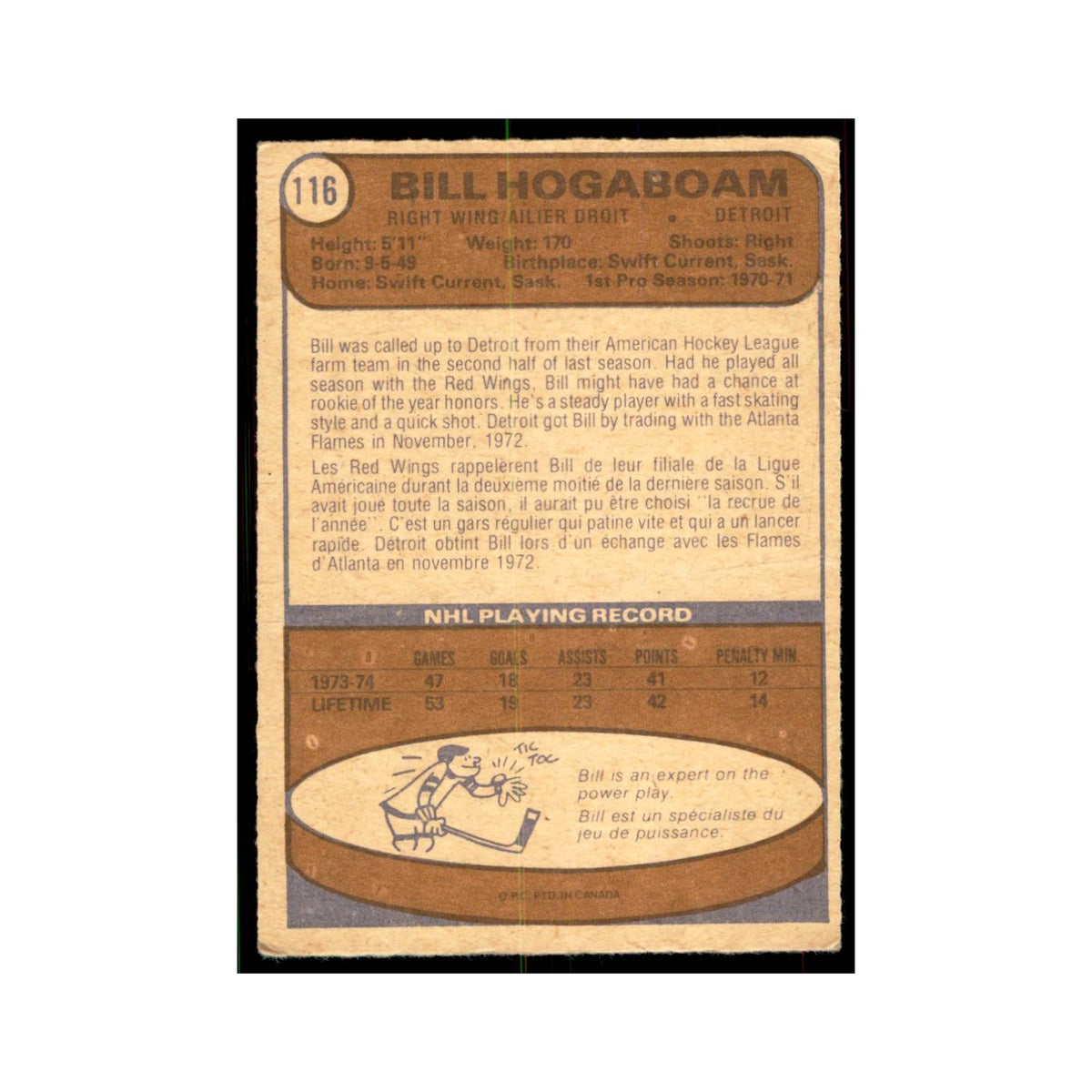 1974 O-Pee-Chee Bill Hogaboam RC (Damaged) Detroit Red Wings #116