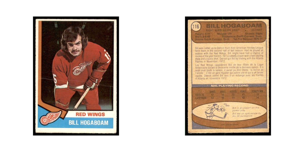 1974 O-Pee-Chee Bill Hogaboam RC (Damaged) Detroit Red Wings #116