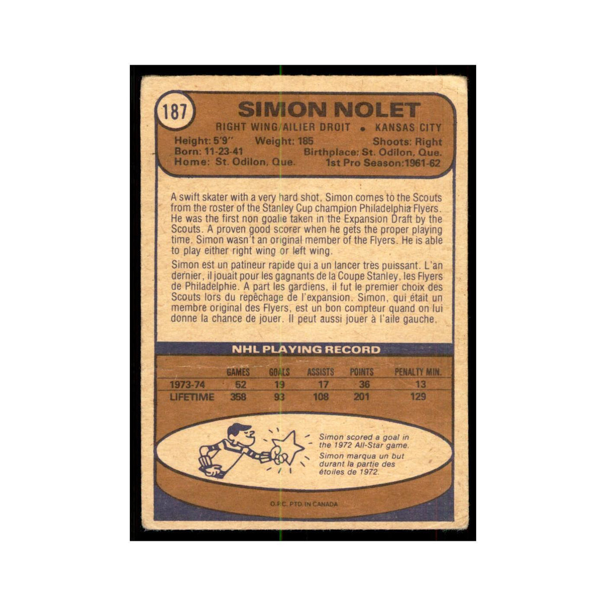 1974 O-Pee-Chee Simon Nolet (Damaged) Kansas City Scouts #187
