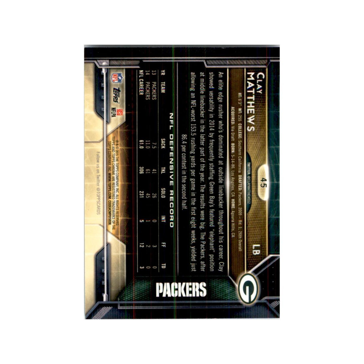 2015 Topps Chrome Clay Matthews Packers #45