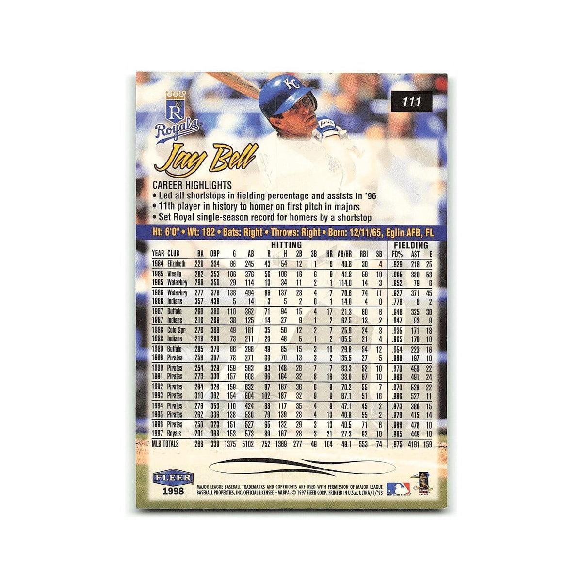 Jay Bell 1998 Fleer Ultra #111 Kansas City Royals Baseball Card NM