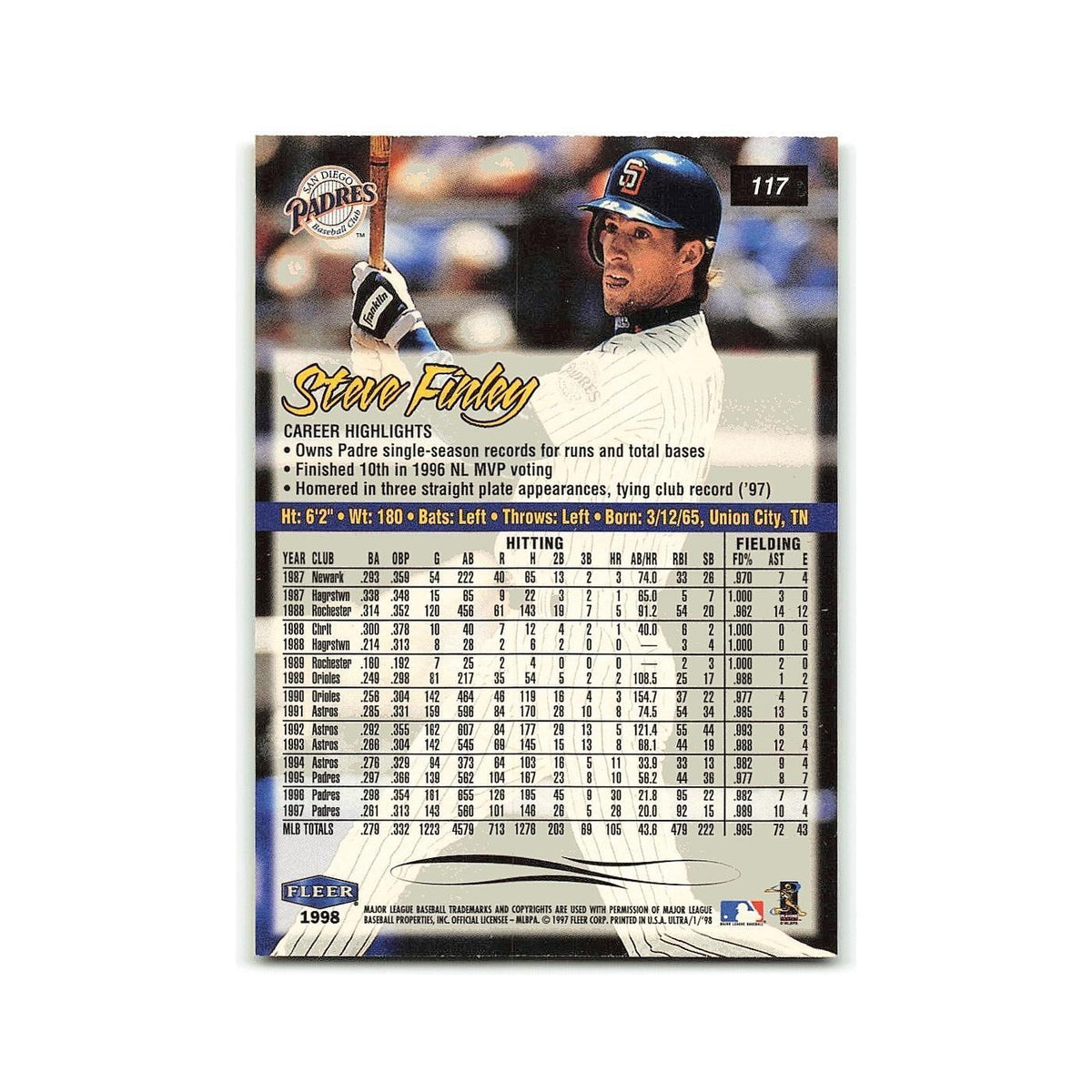 Steve Finley 1998 Fleer Ultra #117 San Diego Padres Baseball Card NM