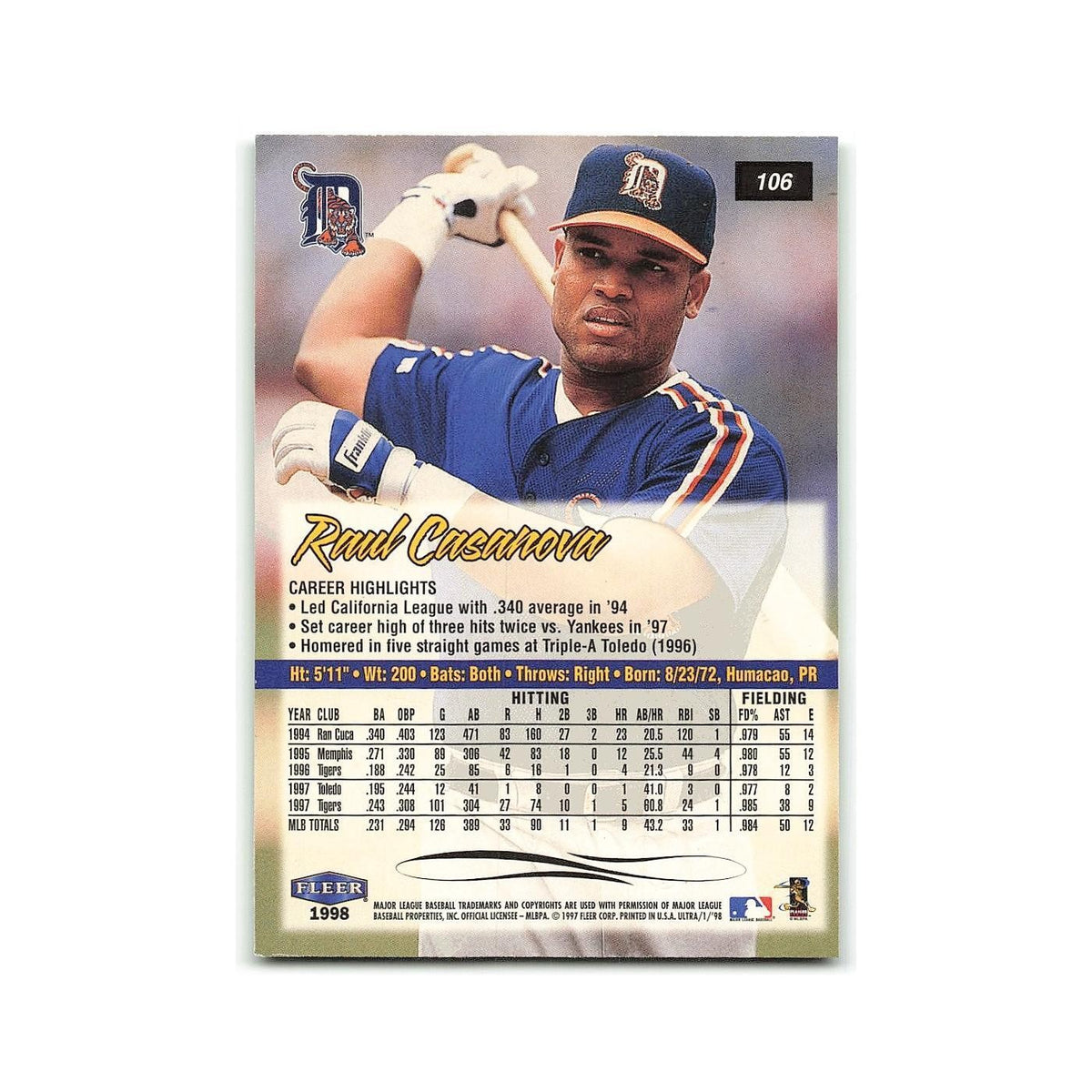Raul Casanova 1998 Fleer Ultra #106 Detroit Tigers Baseball Card NM