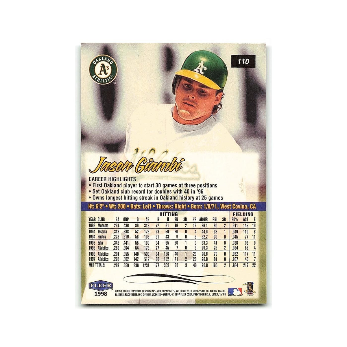 Jason Giambi 1998 Fleer Ultra #110 Oakland Athletics Baseball Card NM