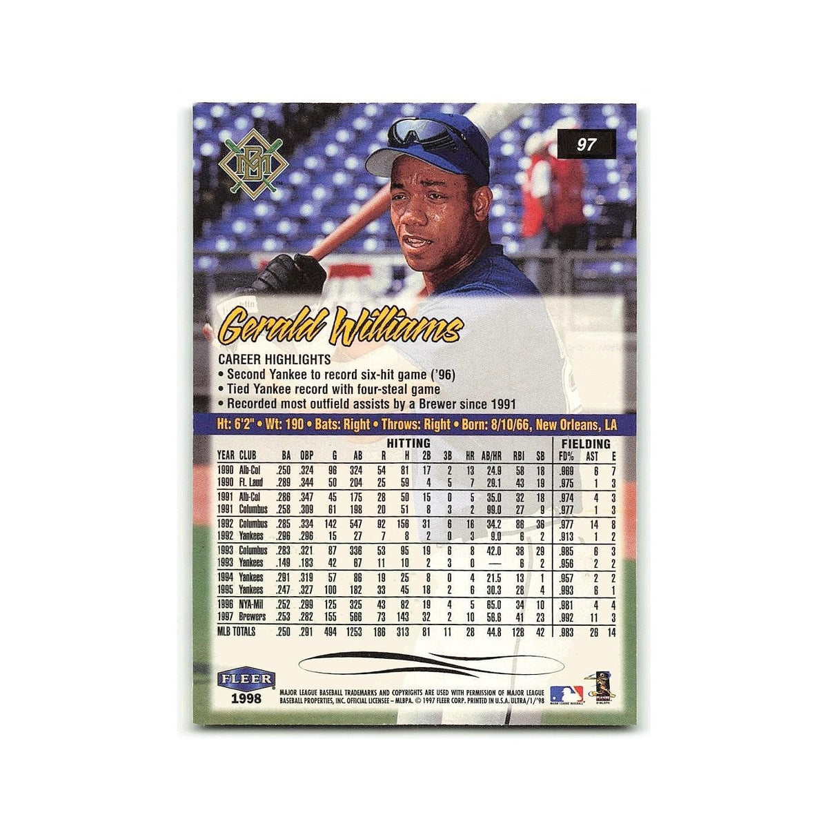 Gerald Williams 1998 Fleer Ultra #97 Milwaukee Brewers Baseball Card NM