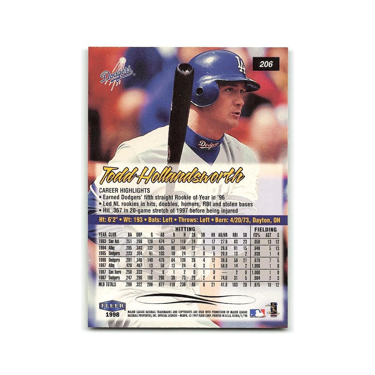 Todd Hollandsworth 1998 Fleer Ultra #206 Los Angeles Dodgers Baseball Card NM