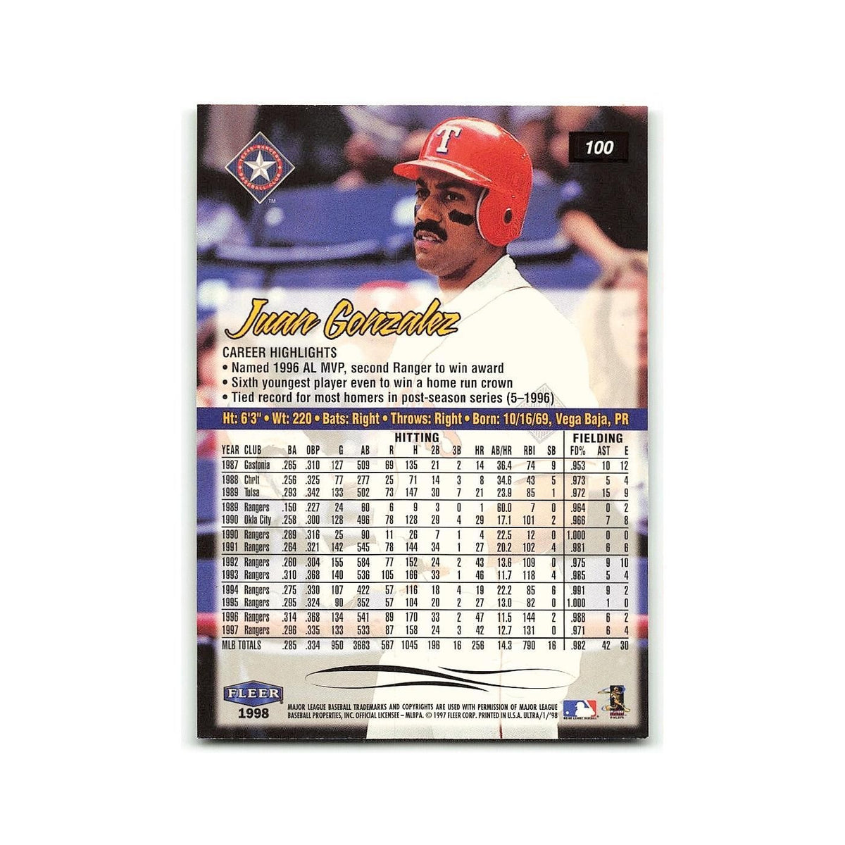Juan Gonzalez 1998 Fleer Ultra #100 Texas Rangers Baseball Card NM