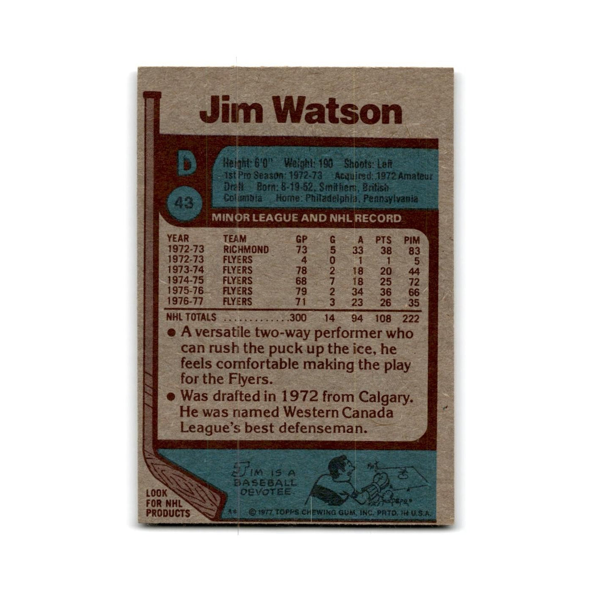 1977 Topps Jim Watson Philadelphia Flyers #43
