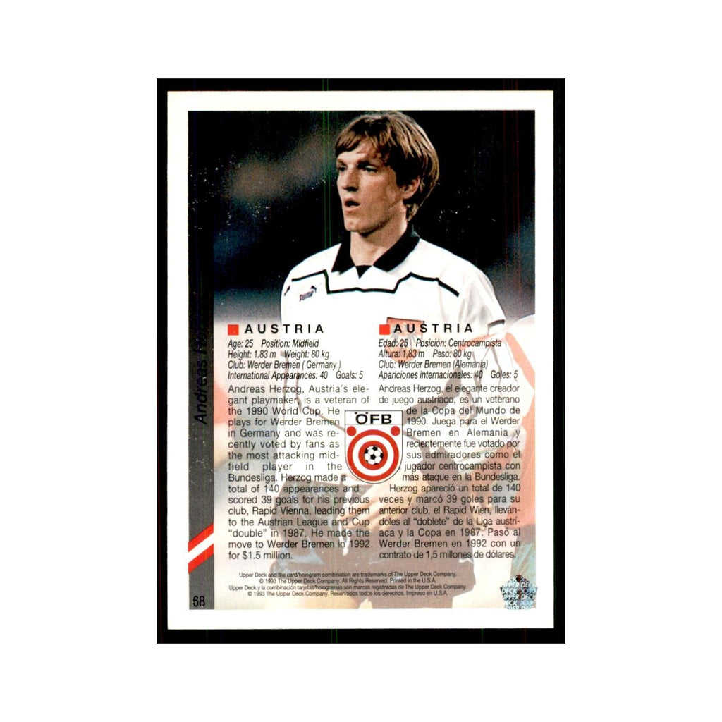 1993 Upper Deck Andreas Herzog Soccer Cards #68