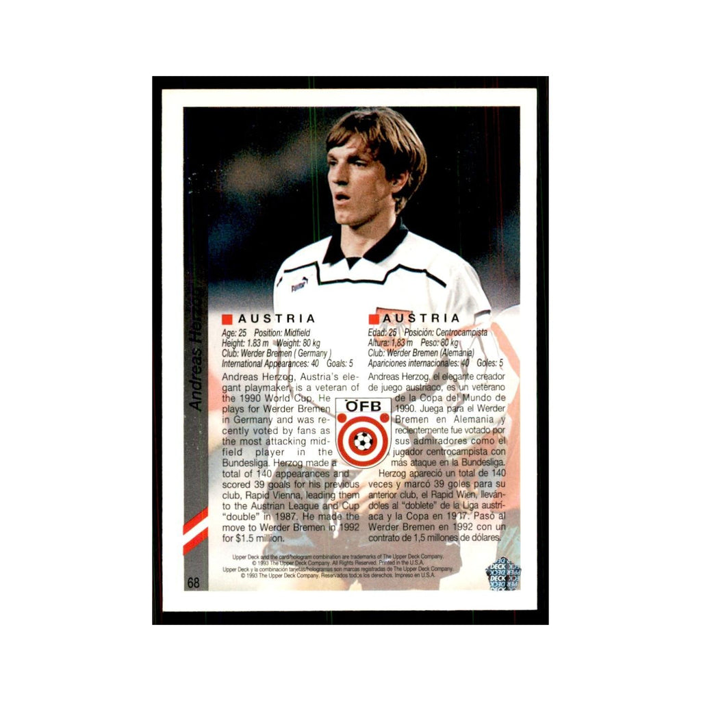 1993 Upper Deck Andreas Herzog Soccer Cards #68
