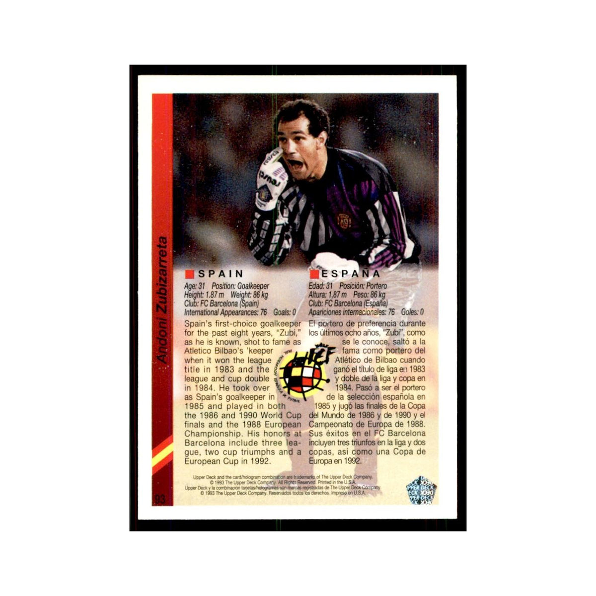 1993 Upper Deck Andoni Zubizarreta Soccer Cards #93