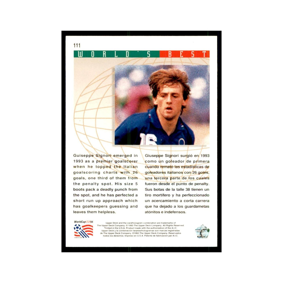 1993 Upper Deck Giuseppe Signori Soccer Cards #111