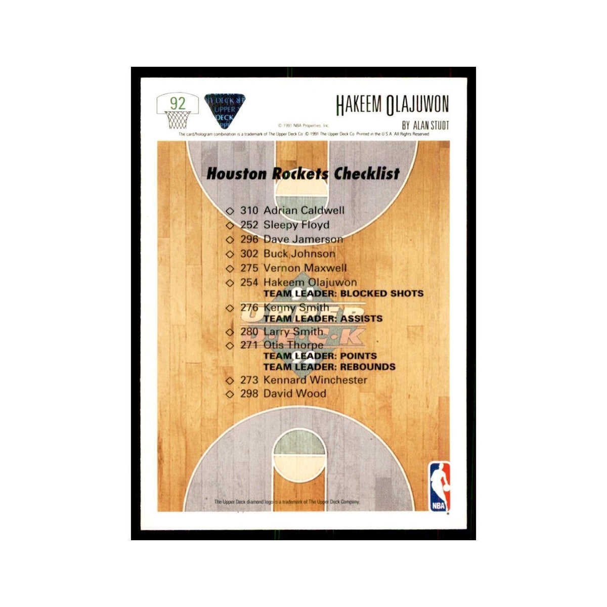 1991 Upper Deck Hakeem Olajuwon Basketball Cards #92