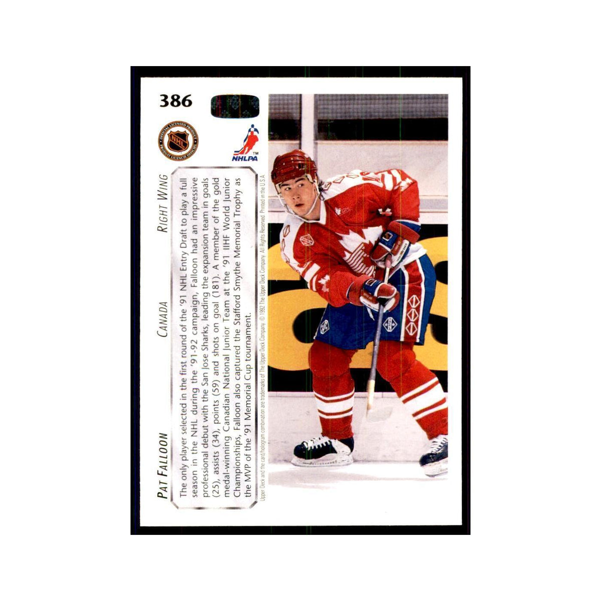 1992 Upper Deck Pat Falloon Hockey Cards #386