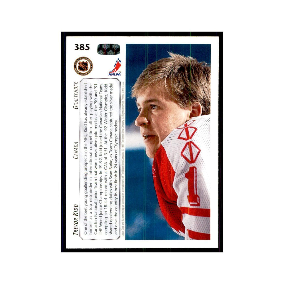 1992 Upper Deck Trevor Kidd Hockey Cards #385