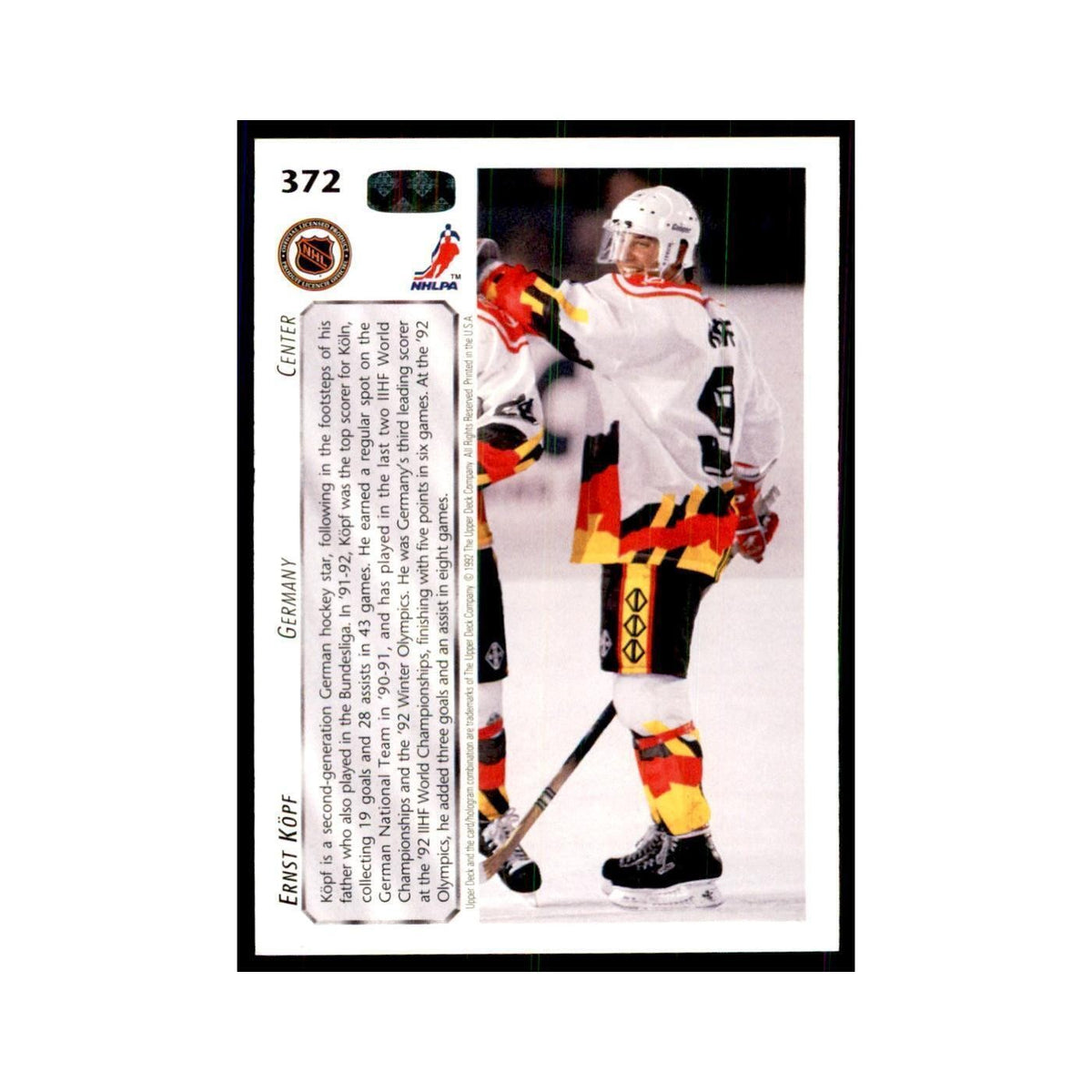 1992 Upper Deck Ernst Kopf Hockey Cards #372