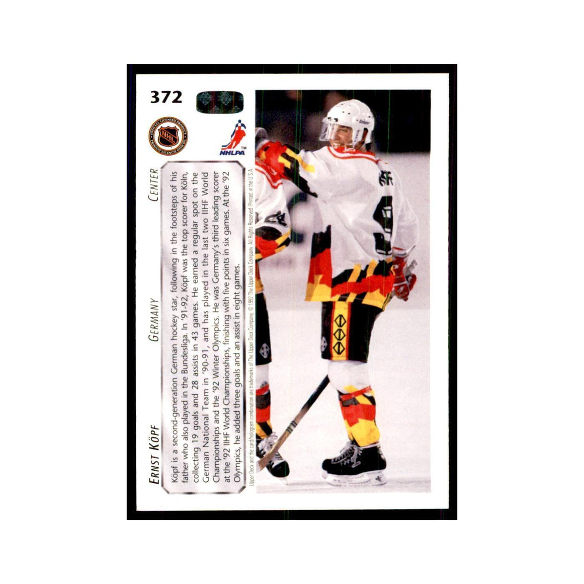 1992 Upper Deck Ernst Kopf Hockey Cards #372