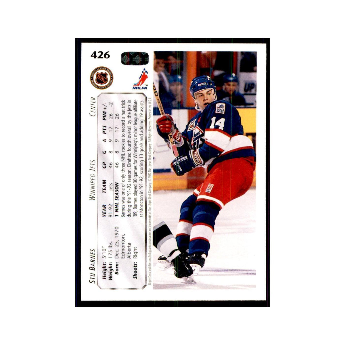 1992 Upper Deck Stu Barnes Hockey Cards #426