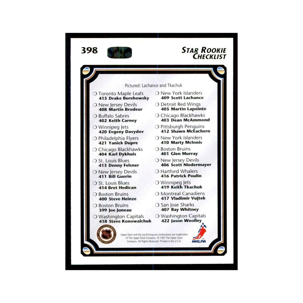 1992 Upper Deck Star Rookie Checklist Hockey Cards #398