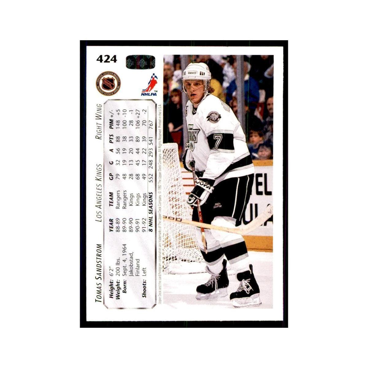 1992 Upper Deck Tomas Sandstrom Hockey Cards #424