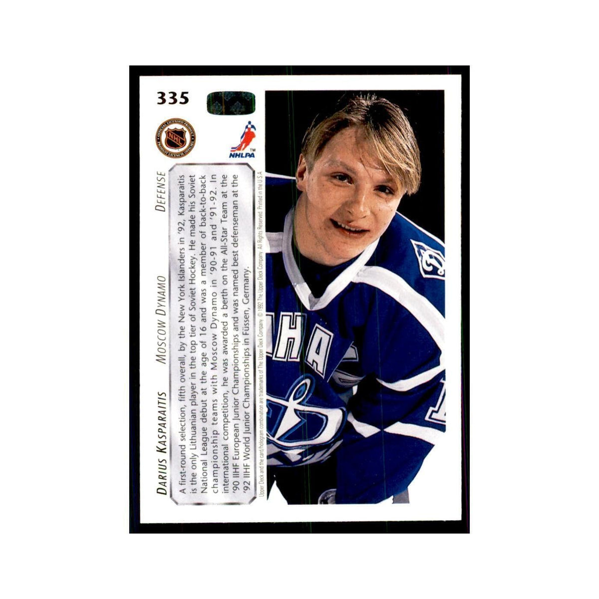 1992 Upper Deck Darius Kasparaitis Hockey Cards #335