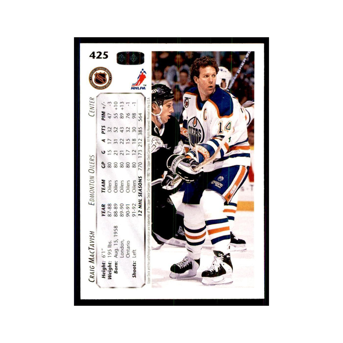 1992 Upper Deck Craig MacTavish Hockey Cards #425