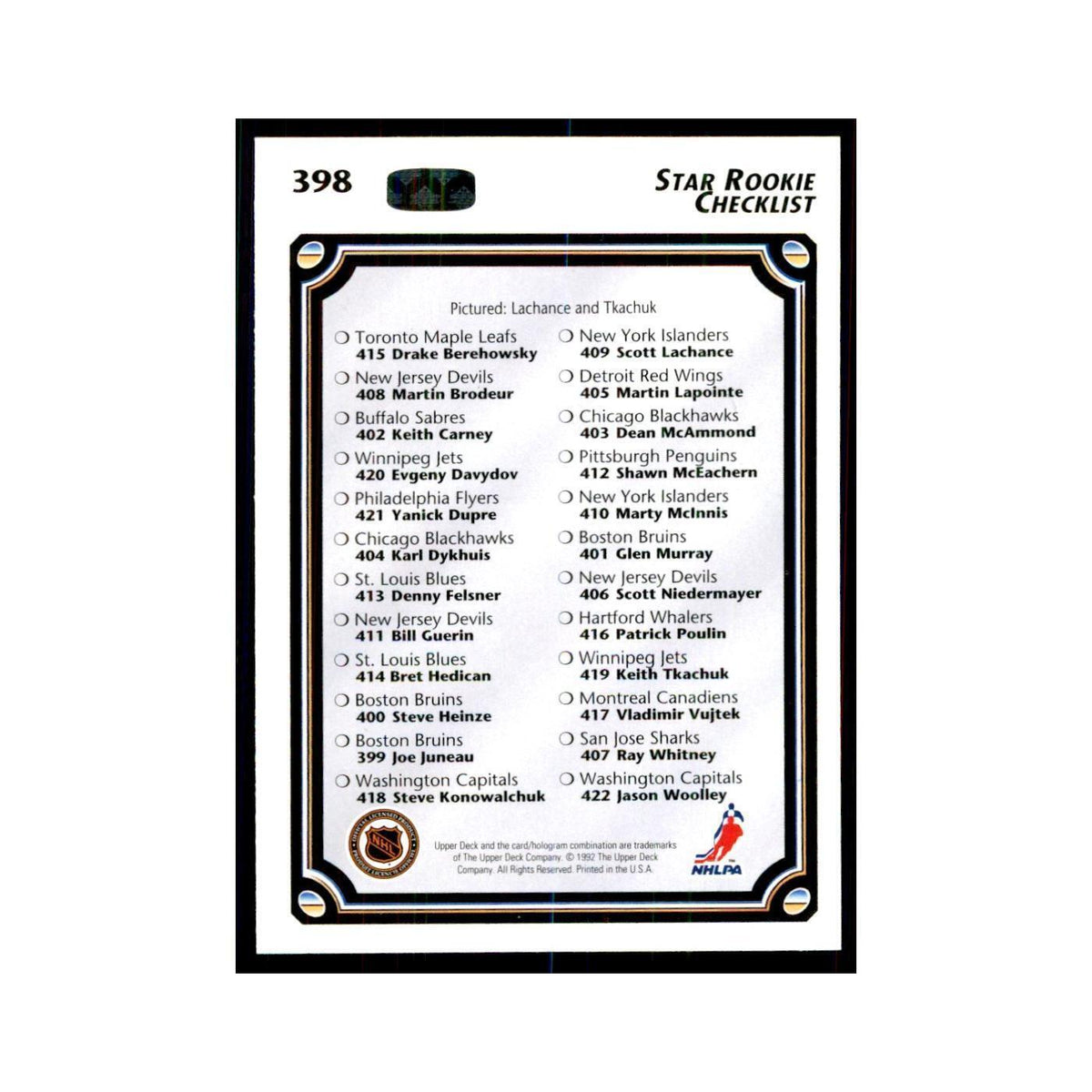 1992 Upper Deck Star Rookie Checklist Hockey Cards #398