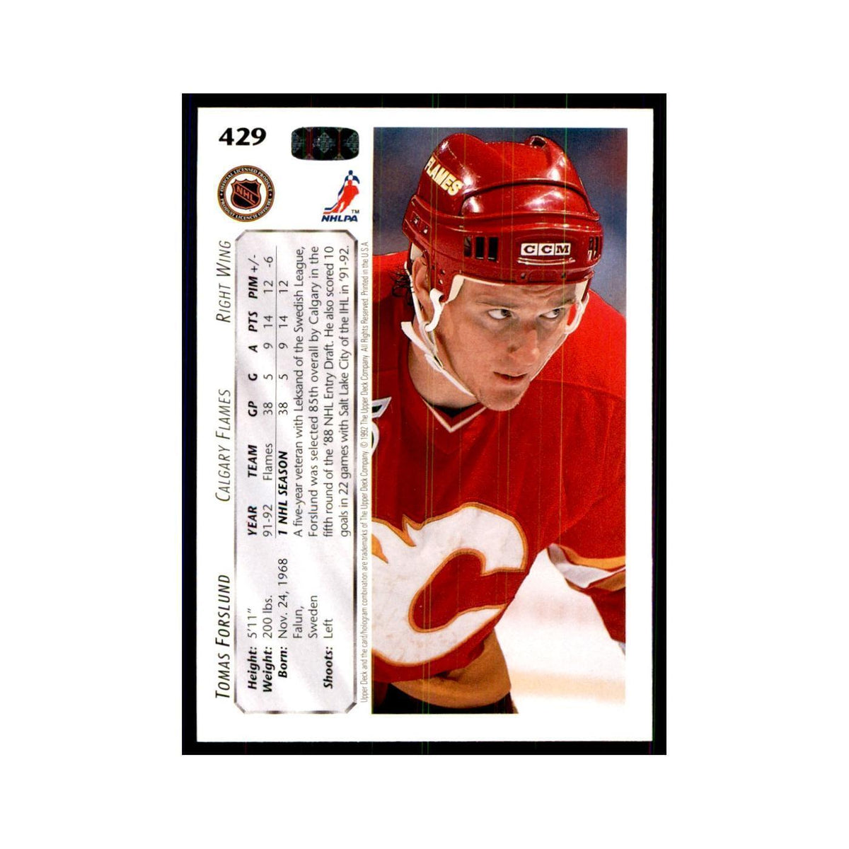 1992 Upper Deck Tomas Forslund Hockey Cards #429