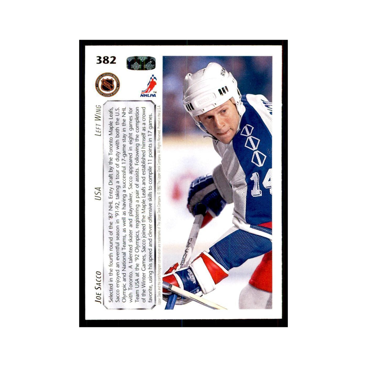 1992 Upper Deck Joe Sacco Hockey Cards #382