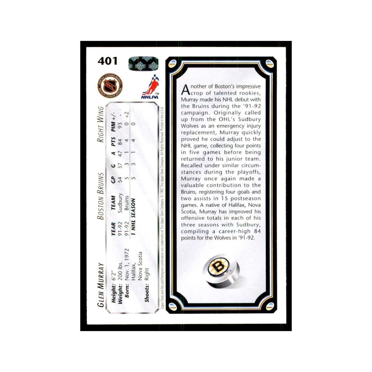 1992 Upper Deck Glen Murray Hockey Cards #401