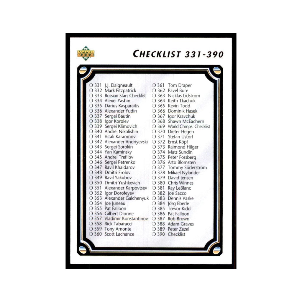 1992 Upper Deck Checklist 331-440 Hockey Cards #390
