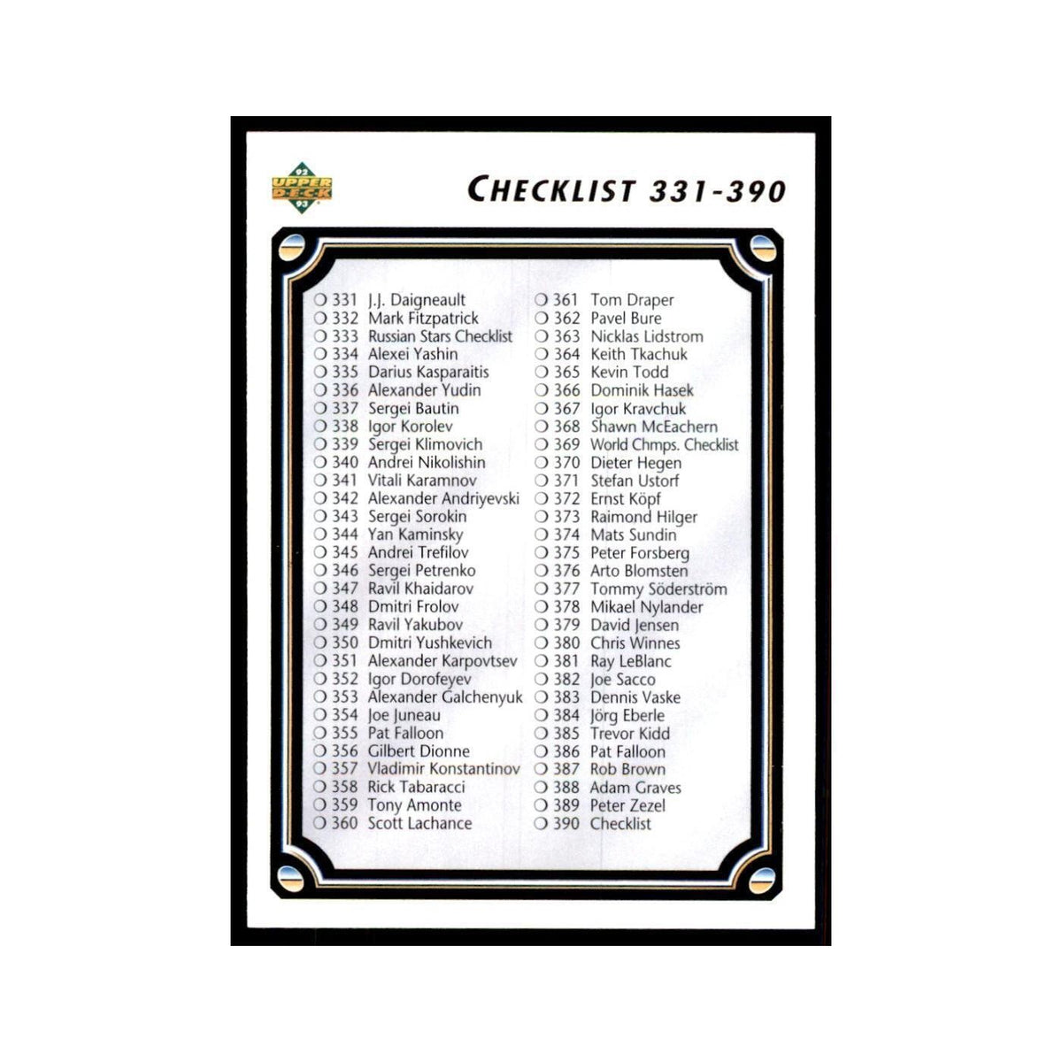1992 Upper Deck Checklist 331-440 Hockey Cards #390