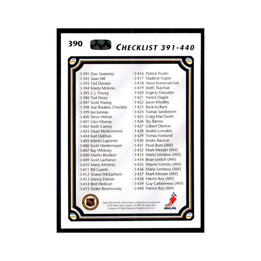 1992 Upper Deck Checklist 331-440 Hockey Cards #390