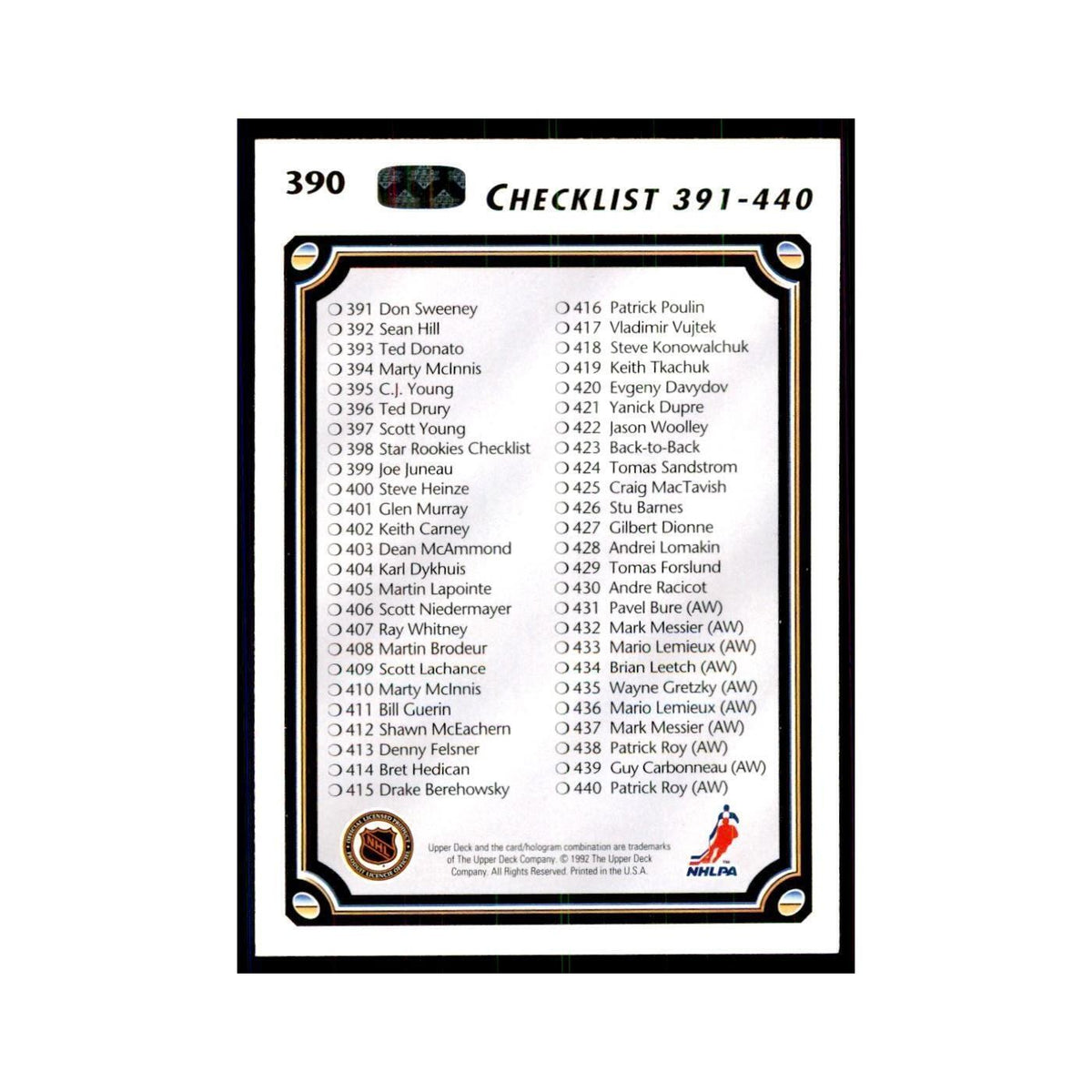 1992 Upper Deck Checklist 331-440 Hockey Cards #390