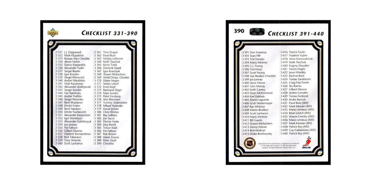 1992 Upper Deck Checklist 331-440 Hockey Cards #390
