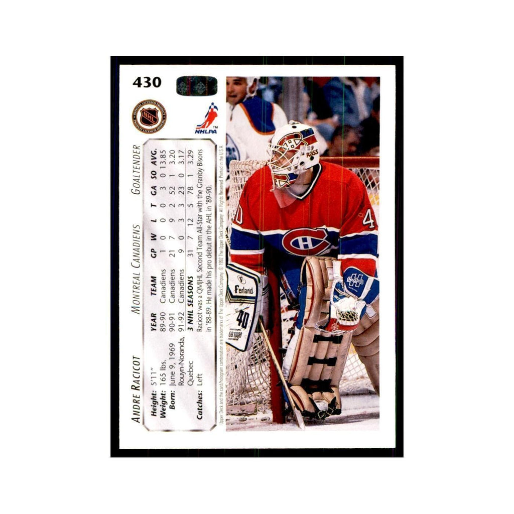 1992 Upper Deck Andre Racicot Hockey Cards #430