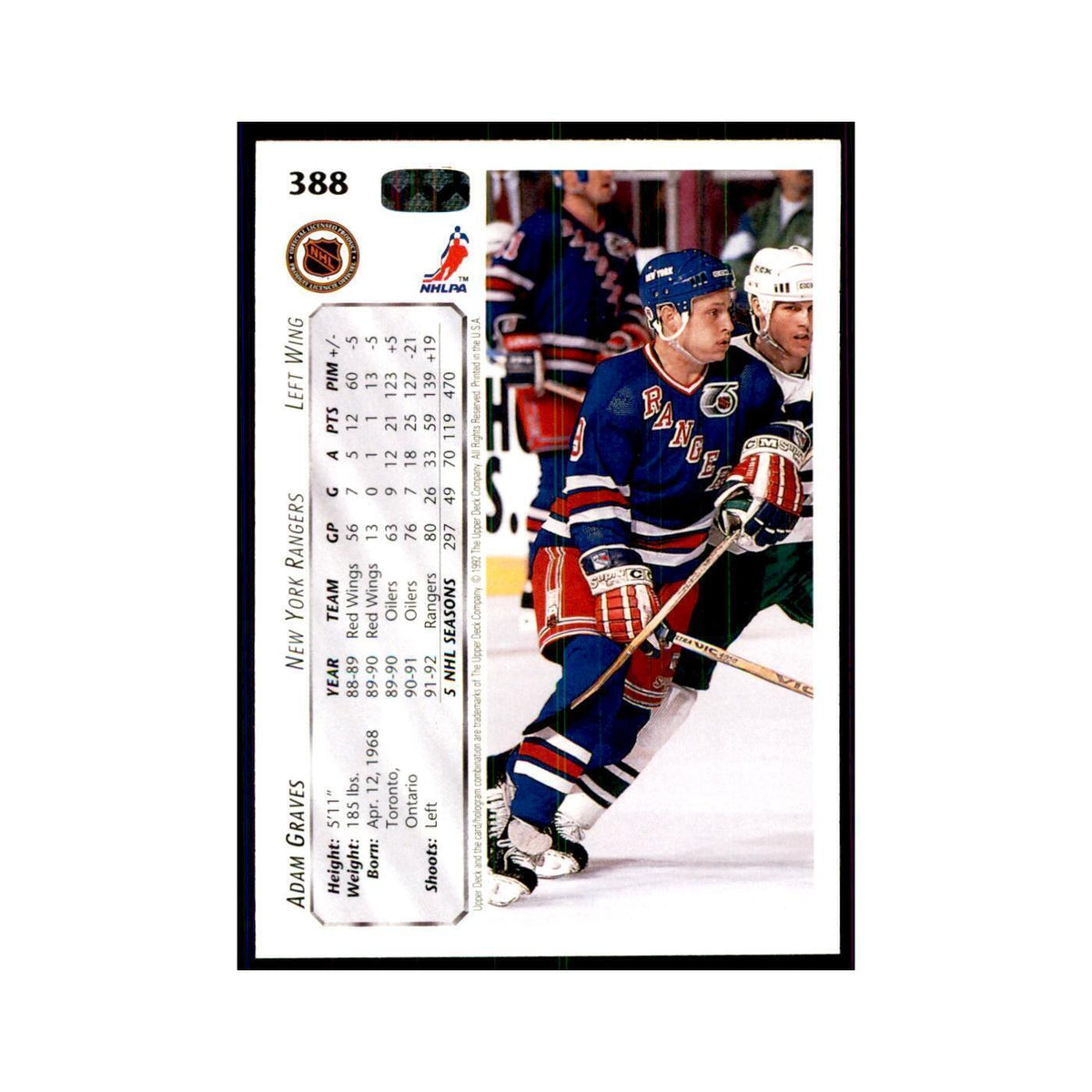 1992 Upper Deck Adam Graves Hockey Cards #388
